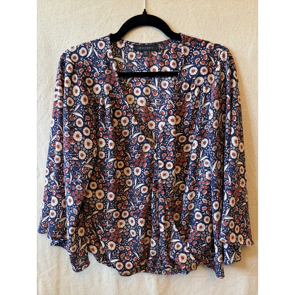 Women's Sanctuary Kimono Sleeve Floral Wrap Shirt Large Boho/Ethereal/Festival